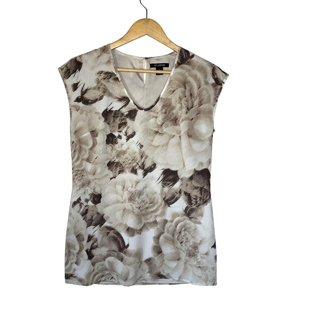 St. John V Neck Silk Short Sleeve Floral Top Womens Size 4 Old Money Luxe Shirt